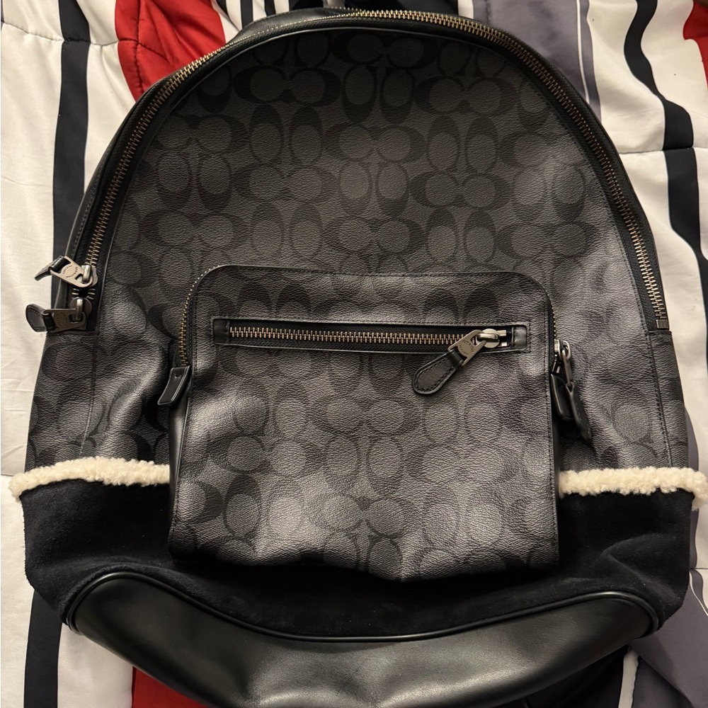 Coach Men’s Black Signature Canvas Backpack with Shearling Trim